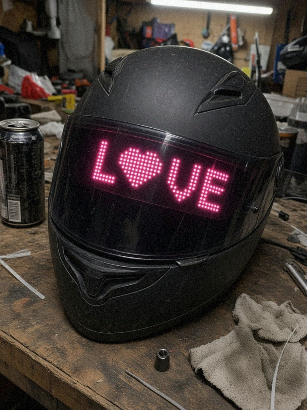 Motorhelm met LED-scherm dat een hartje toont