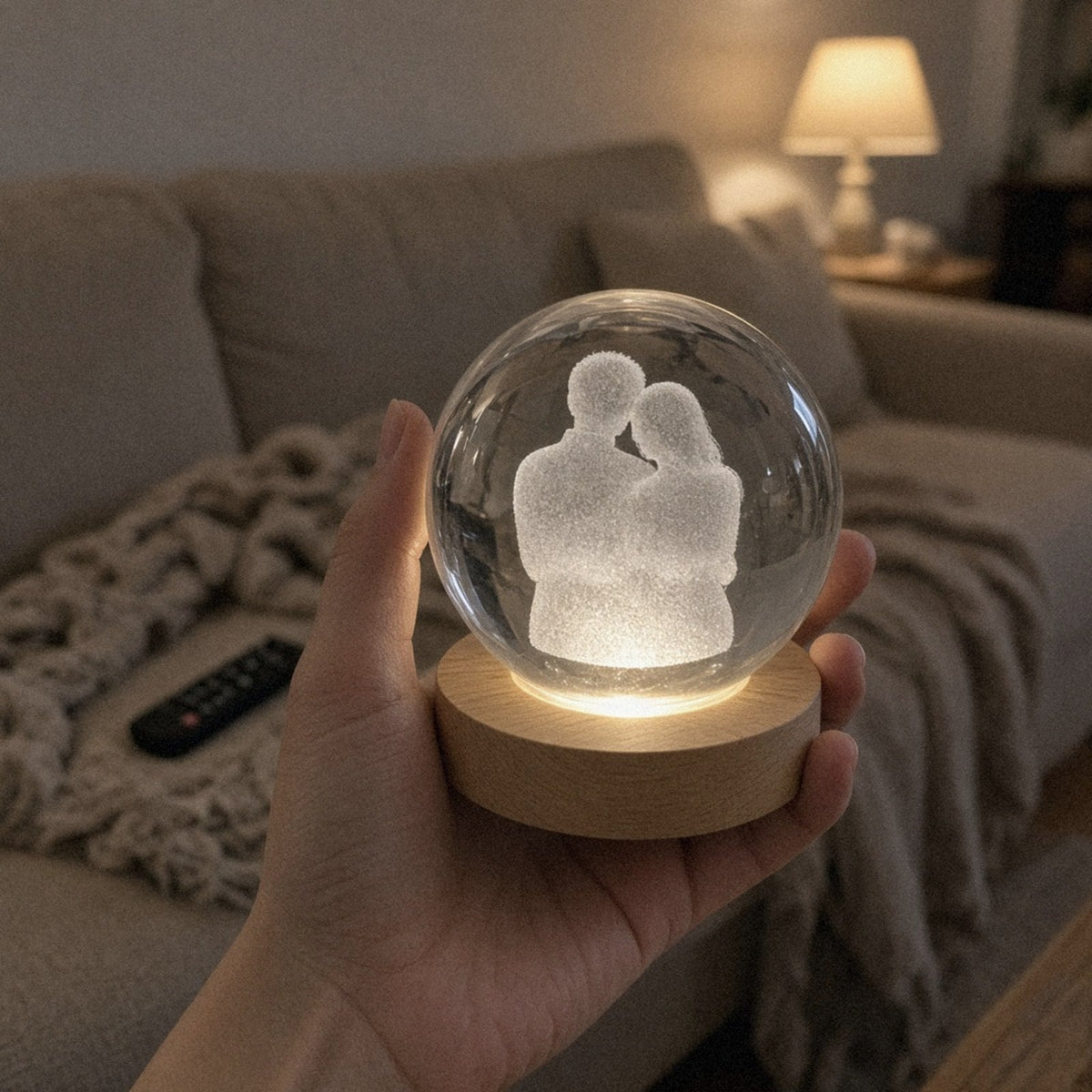 Kristallen bol met 3D-foto in glas, vastgehouden in een hand