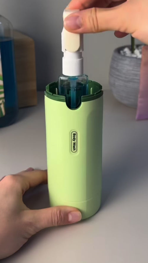 Video: flesjes in de groene reisdispenser zetten, labelen en pompen