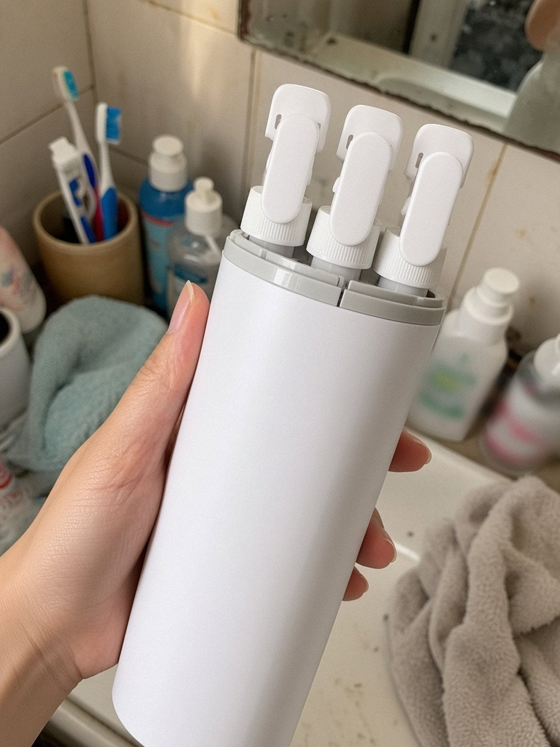 Witte reisflesjes set 4-in-1 geopend in de hand, met de afzonderlijke flesjes bovenaan zichtbaar
