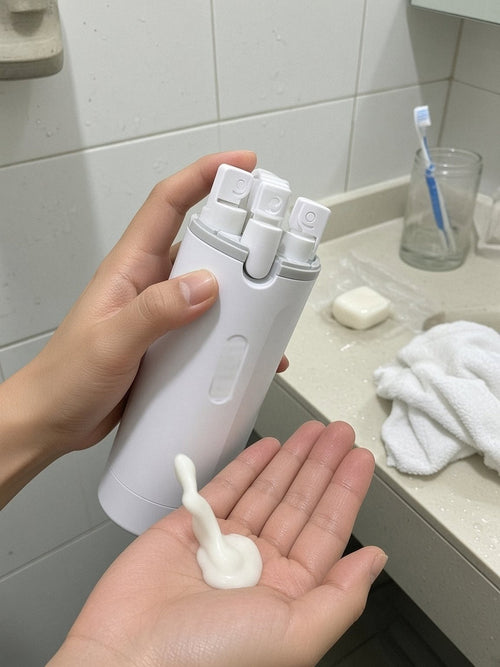 Shampoo uit de 4-in-1 reisdispenser in de handpalm pompen boven een hotelwastafel