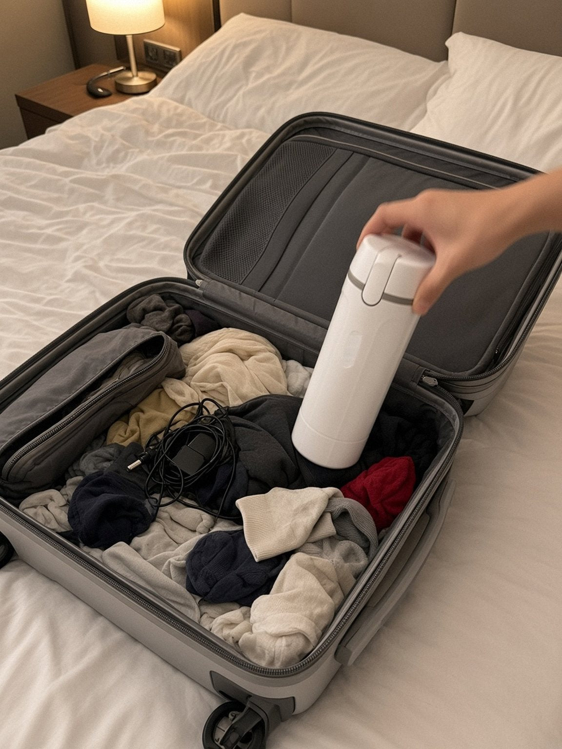 De gesloten reisdispenser gaat in een half ingepakte handbagagekoffer op het bed