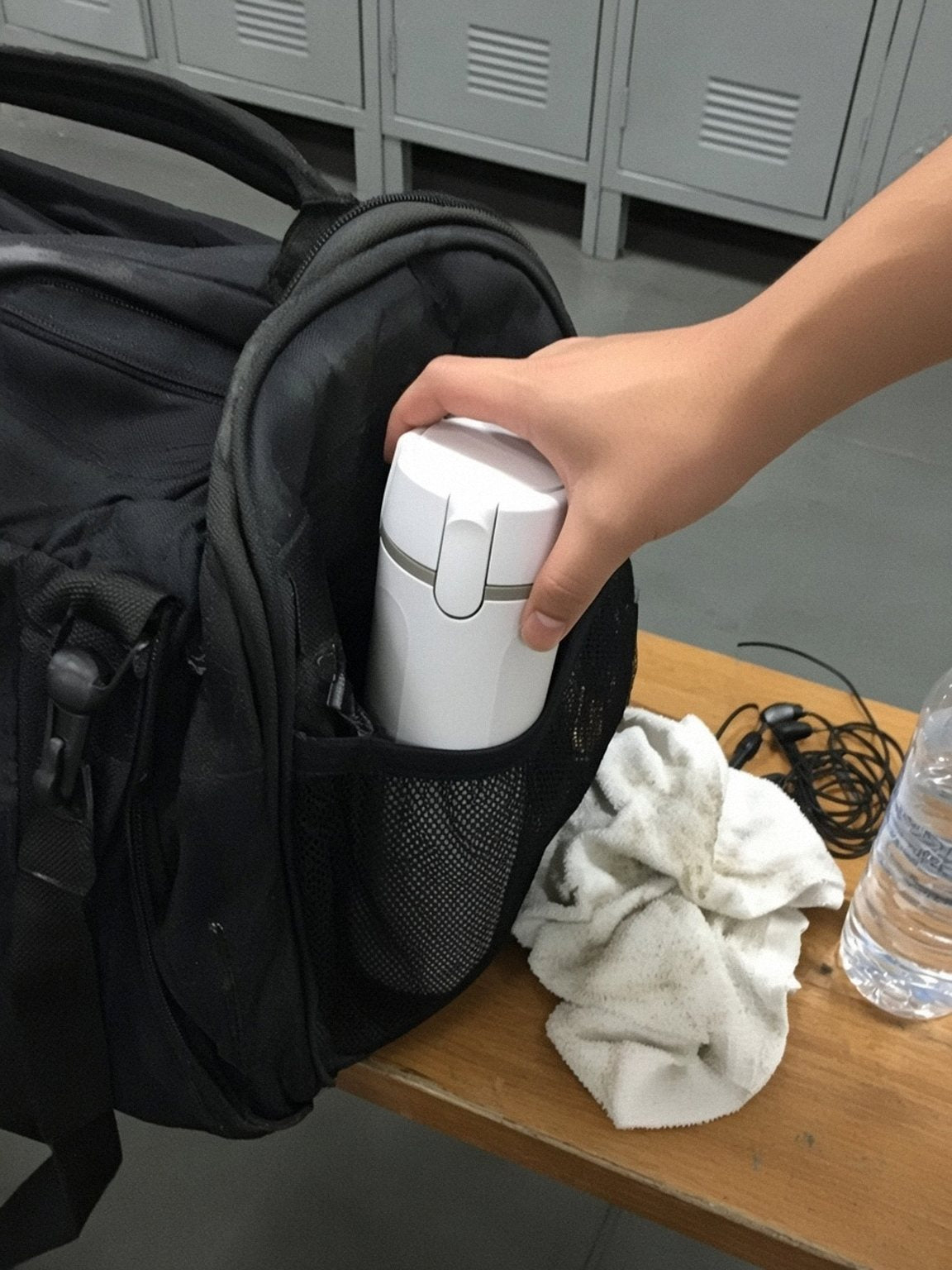 Reisdispenser in het zijvak van een sporttas in de kleedkamer