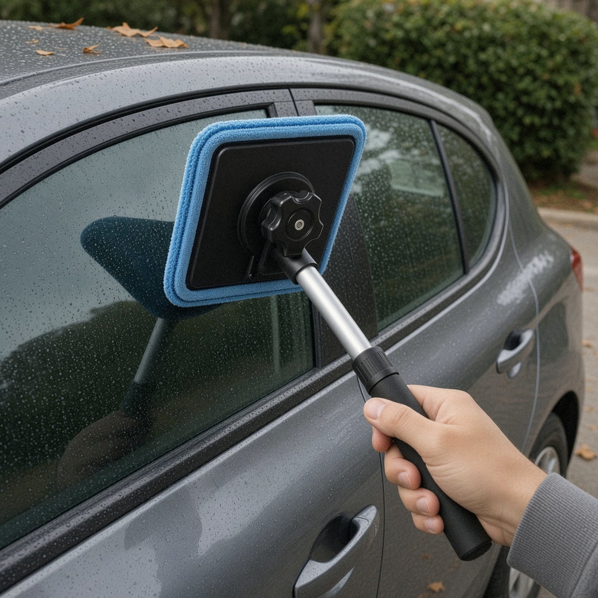 Ruitenreiniger reinigt het zijraam van de auto van buiten
