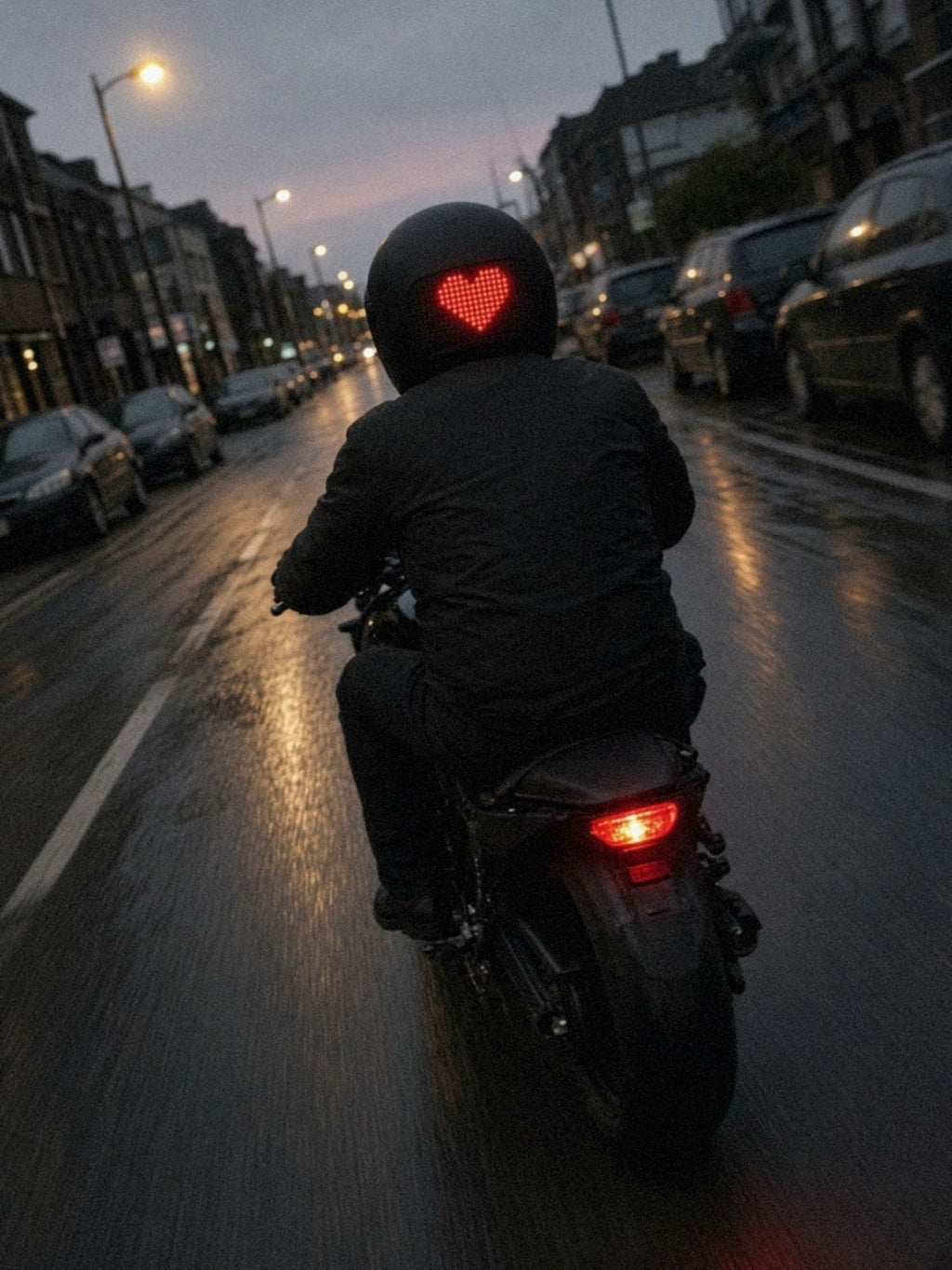Van achteren gefilmd: motorrijder in de stad bij schemering met het LED-achterpaneel op zijn helm, dat een rustig rood pixelhart toont