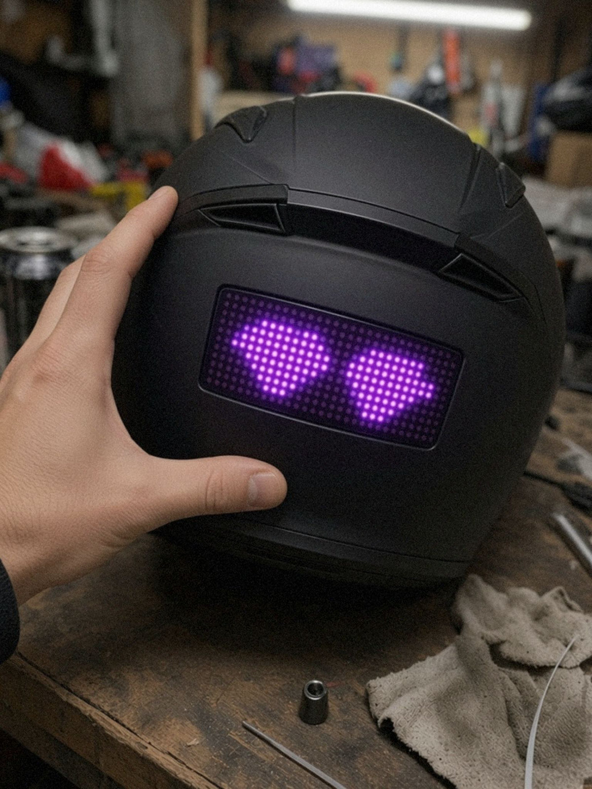 Close-up in de garage: LED-achterpaneel van 16 × 32 pixels op de achterkant van een matzwarte integraalhelm, onder de ventilatie, met paarse pixelogen
