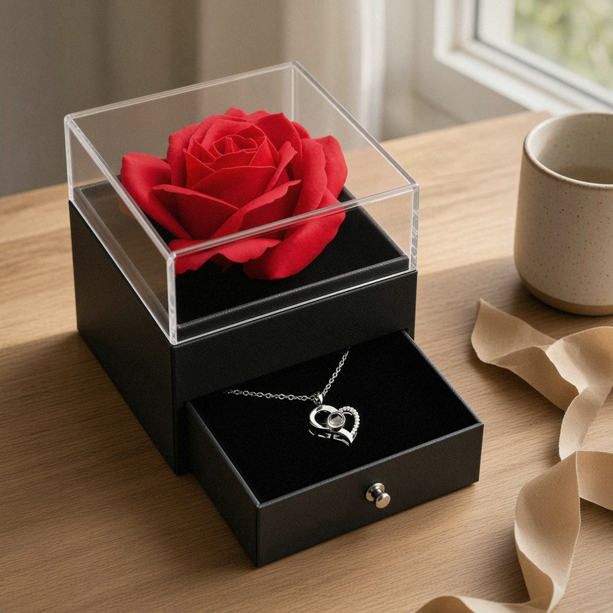 Rozen sieradendoos met geopende lade en ketting op tafel bij daglicht