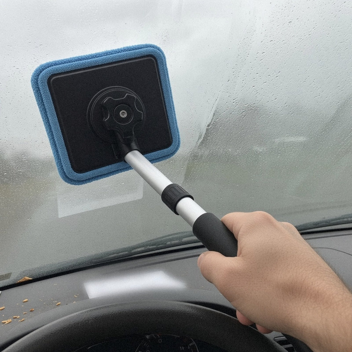 Magnetische ruitenreiniger veegt de beslagen binnenkant van de voorruit schoon vanaf de bestuurdersstoel