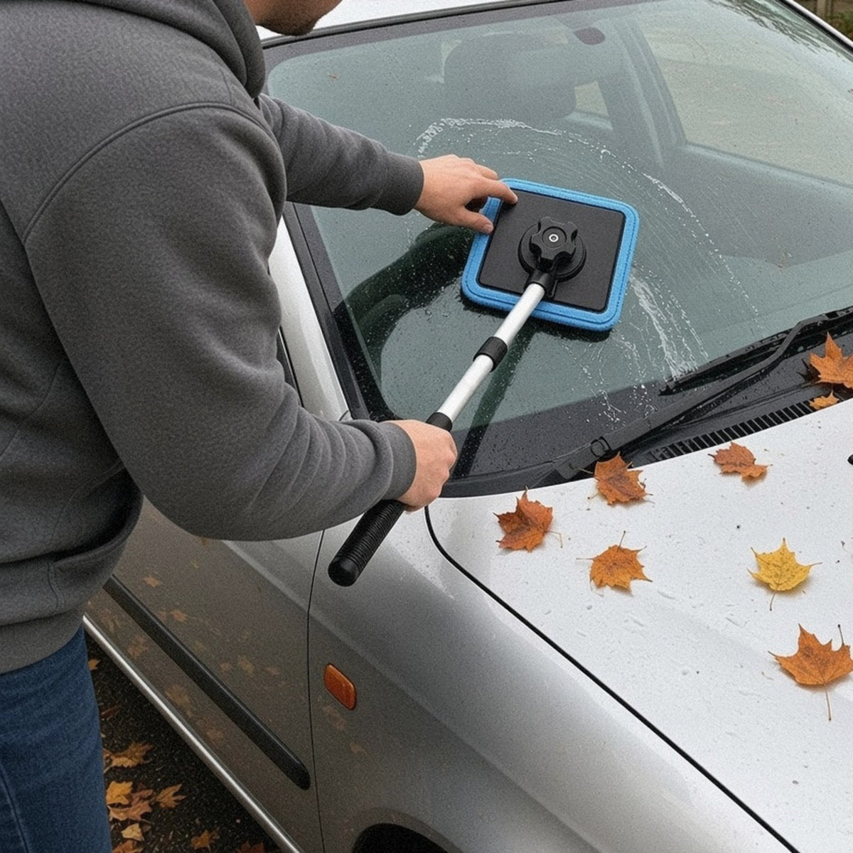Ruitenreiniger met telescoopsteel in gebruik op de buitenkant van de voorruit, met herfstbladeren op de motorkap
