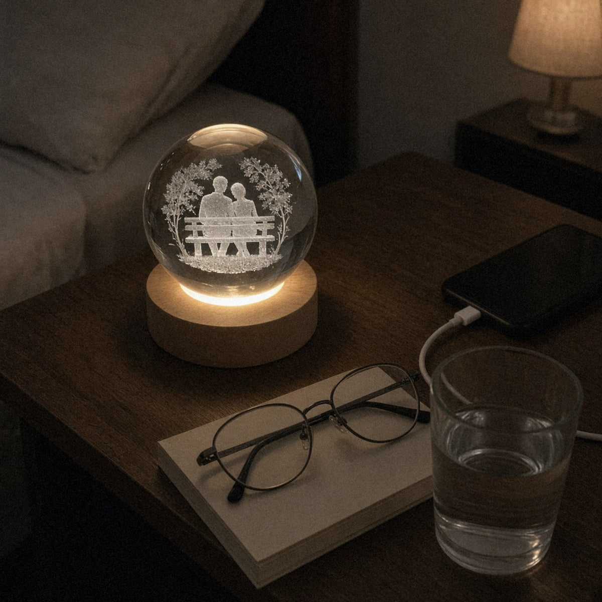 Kristallen fotobol met gravure van een koppel op een bankje, als nachtlampje op het nachtkastje