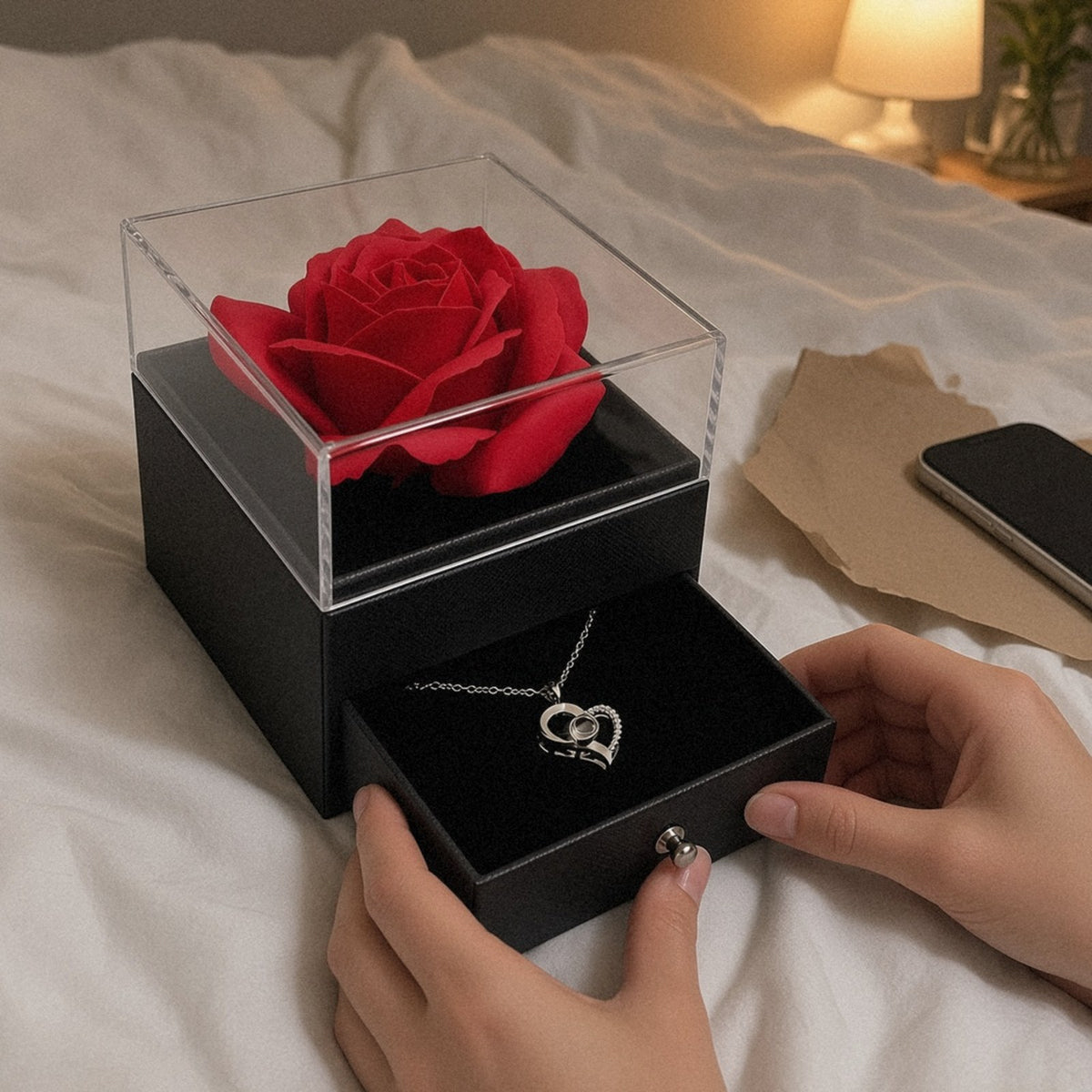 Rozendoos op bed met de lade open en de zilveren hartketting erin